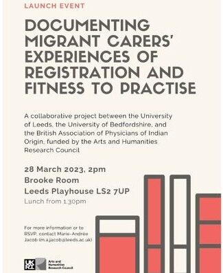 This image is a poster for Launch Event: Documenting Migrant Carers' Experiences of Registration and Fitness to Practice