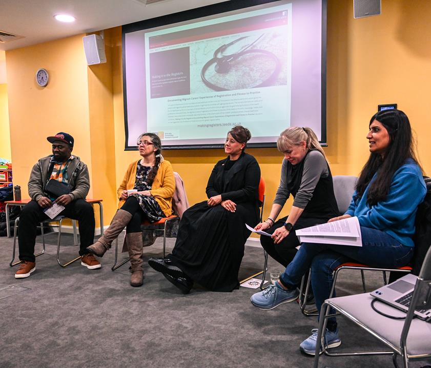 This is an image of Guest speakers Nelson Enah (nurse) and Dr Alicia Vedio were joined by the project team members Marie-Andrée Jacob, Priyasha Saksena, Nasreen Ali, Rukia Saleem, Britzer Paul Vincent Paul Raj, and Amrita Limbu at the Carers on the Move event.