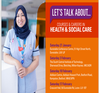 This is an image of an advert for courses & careers in health and social care. Image includes dates and locations of the event.